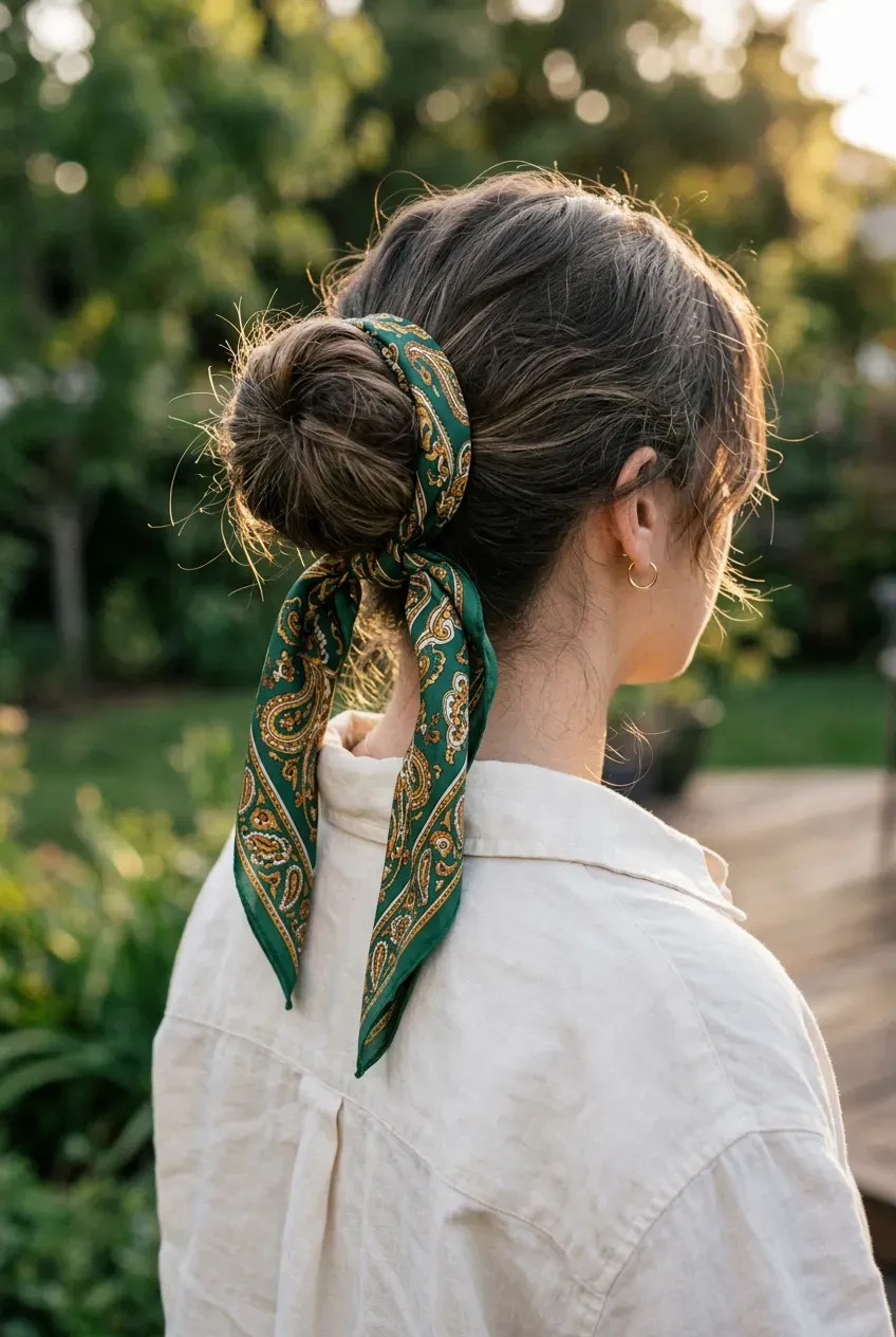 Messy brunette bun with a black paisley bandana tied at the nape