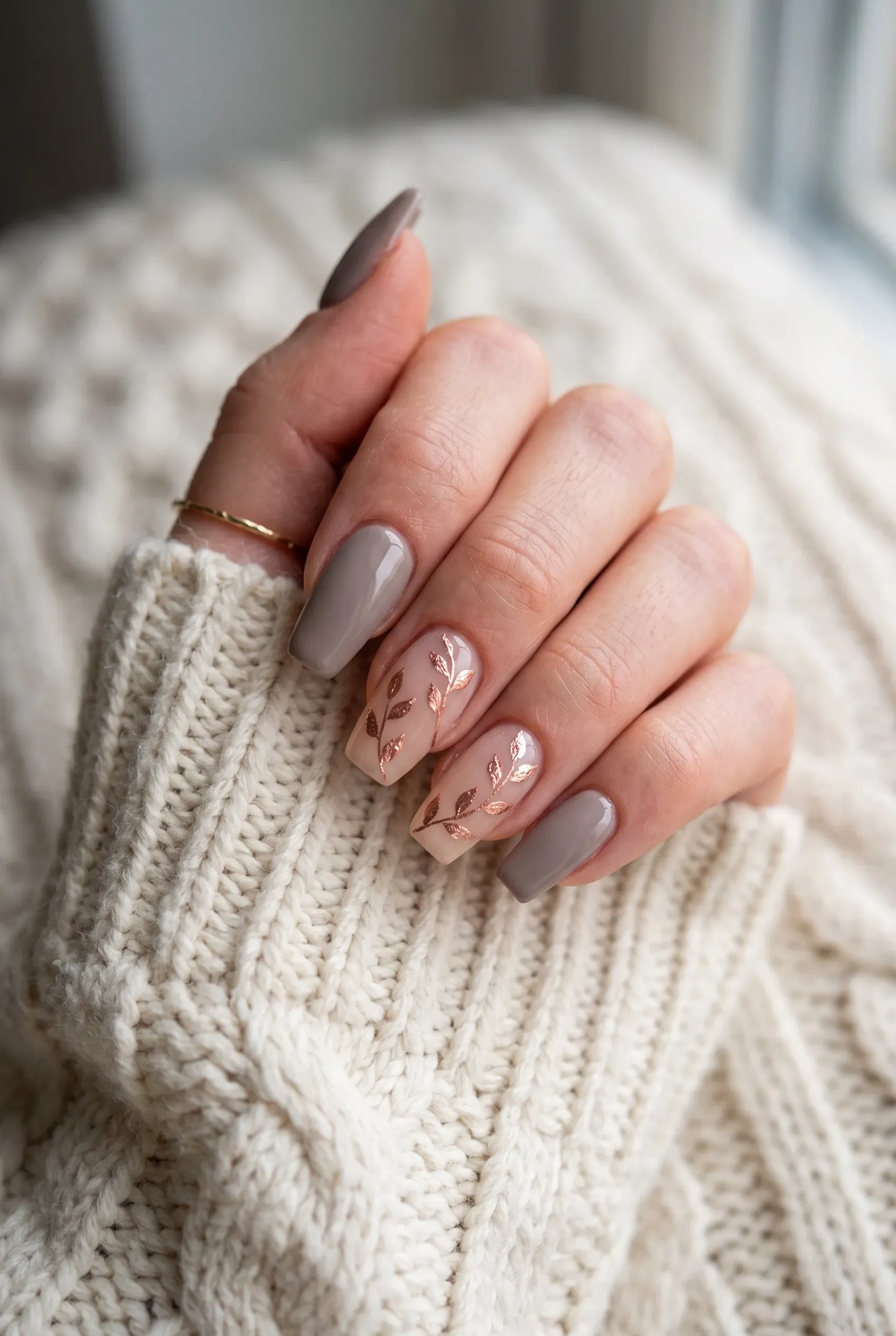 Mocha brown coffin nails with rose gold leaf art on nude accent nails