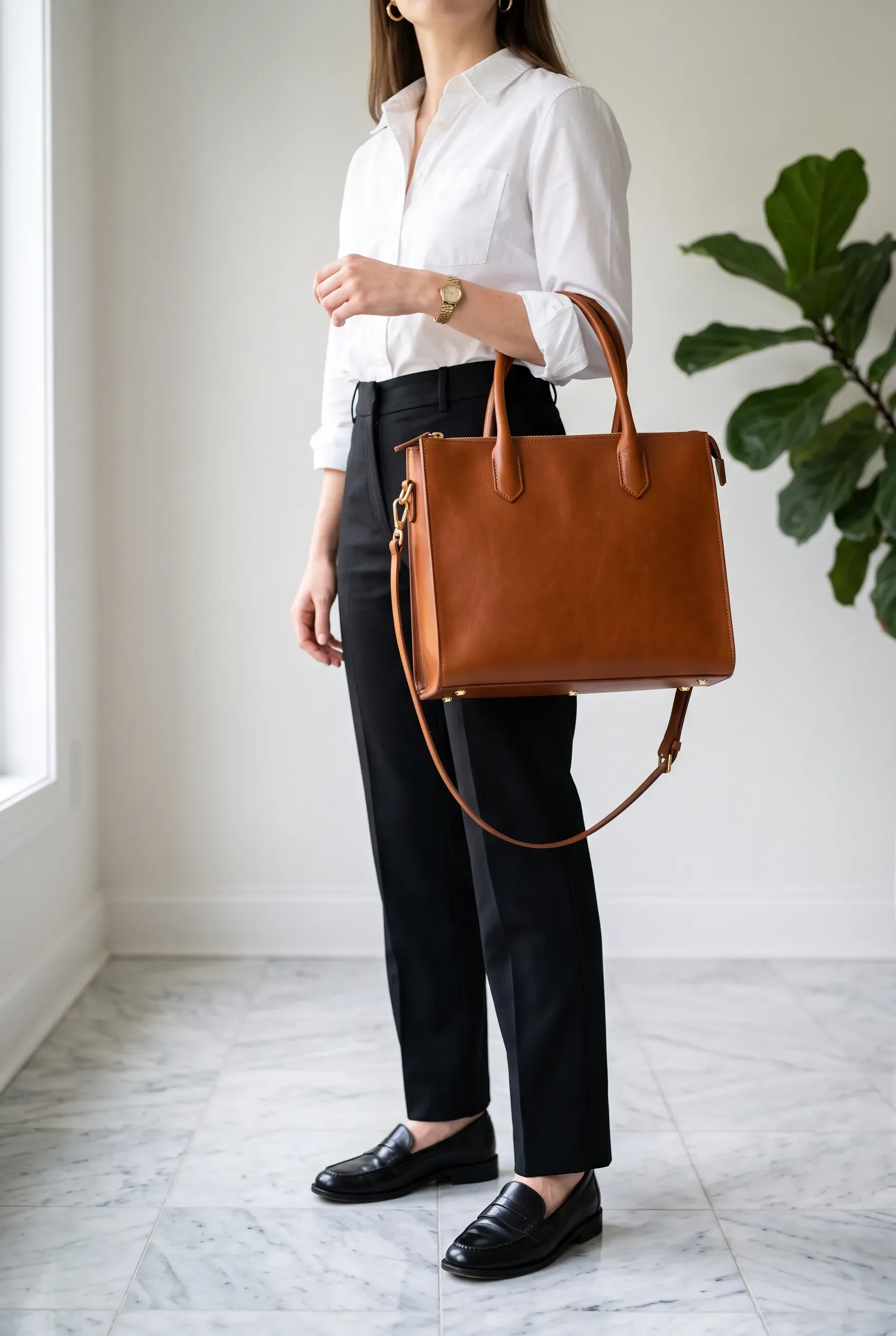 Structured cognac leather tote bag with top handles and a detachable strap