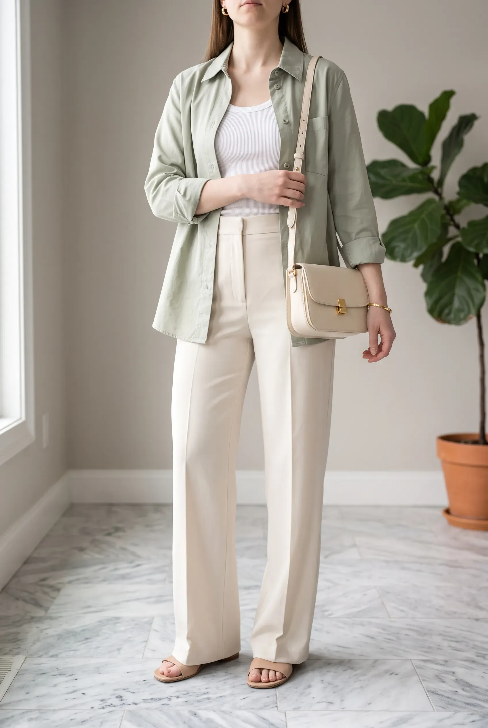 Cream leather tote bag with tan leather handles and gold chain detailing