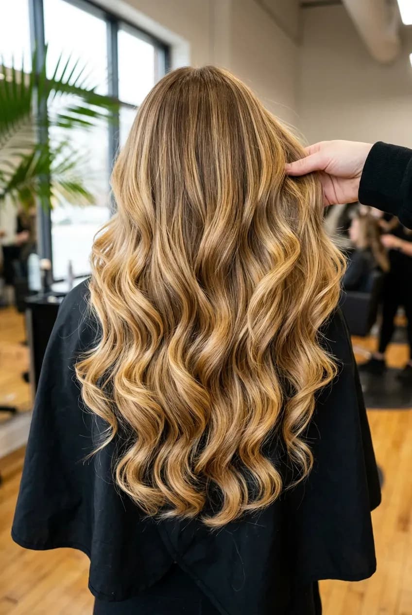 Long golden brown waves with blonde highlights and a green silk headscarf